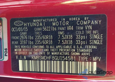 2016 Hyundai Santa Fe Se z USA, uszkodzony, nr VIN KM8SMDHF8GU154581